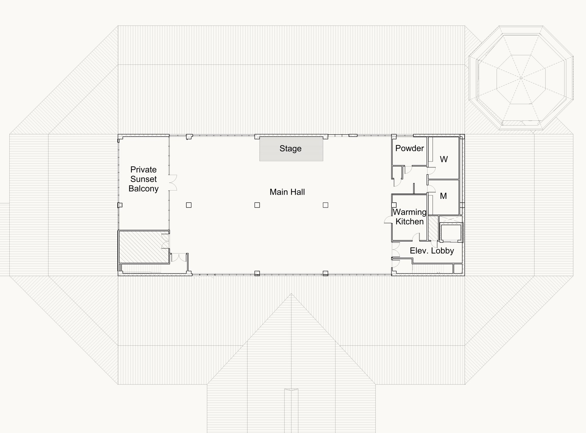 Second floor plan: the Grand Ballroom with stage, the Private Sunset Balcony, the Powder Room, warming kitchen, restrooms, and elevator lobby