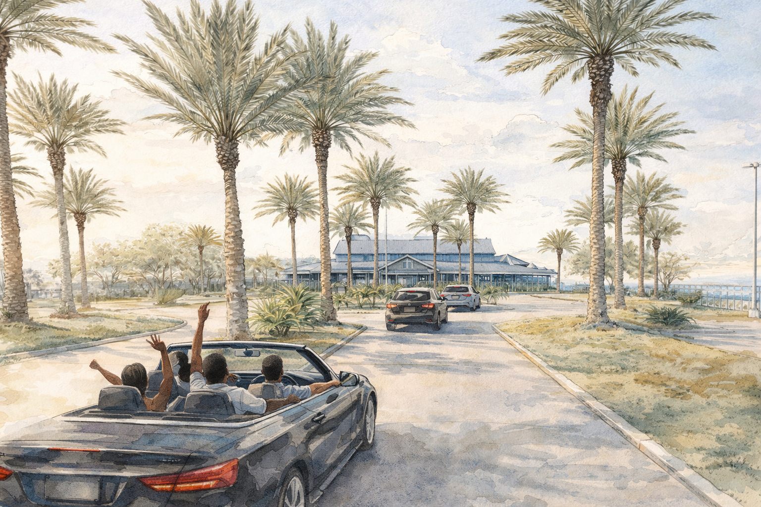 Palm-lined arrival drive at The Public Market at South Shore Harbor